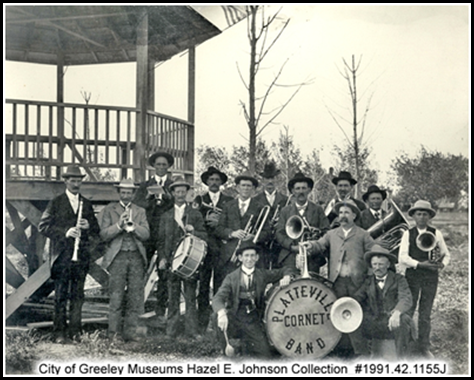 July 4, 1906 – Platteville Coronet Band. L-R, Back Row: Lew Birkel, Ed Cook, Bill Egner, Randolph Ross, Jim Stanton. Middle Row: Frank Vollmer, J.K. Elliott - Ft Lupton, R.S. Brown, Chas. Vollmer, John Birkele, John Wasley, Mike Morgan. Front Row: Arthur Terry, George Raney