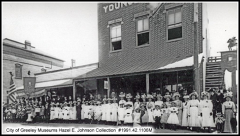 1902 - G.A.R. families Decoration Day (Memorial Day) with veterans of the Civil War (Grand Army of the Republic) and their families in front of Young's Hall in Evans; City of Greeley Museums Hazel E. Johnson Collection #1991.42.1106-M