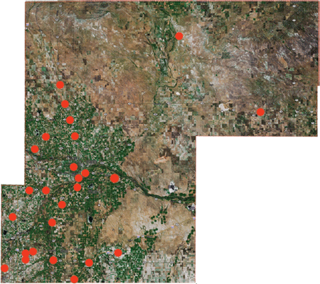 Map of Weld County showing incorporated towns (marked by red dots).